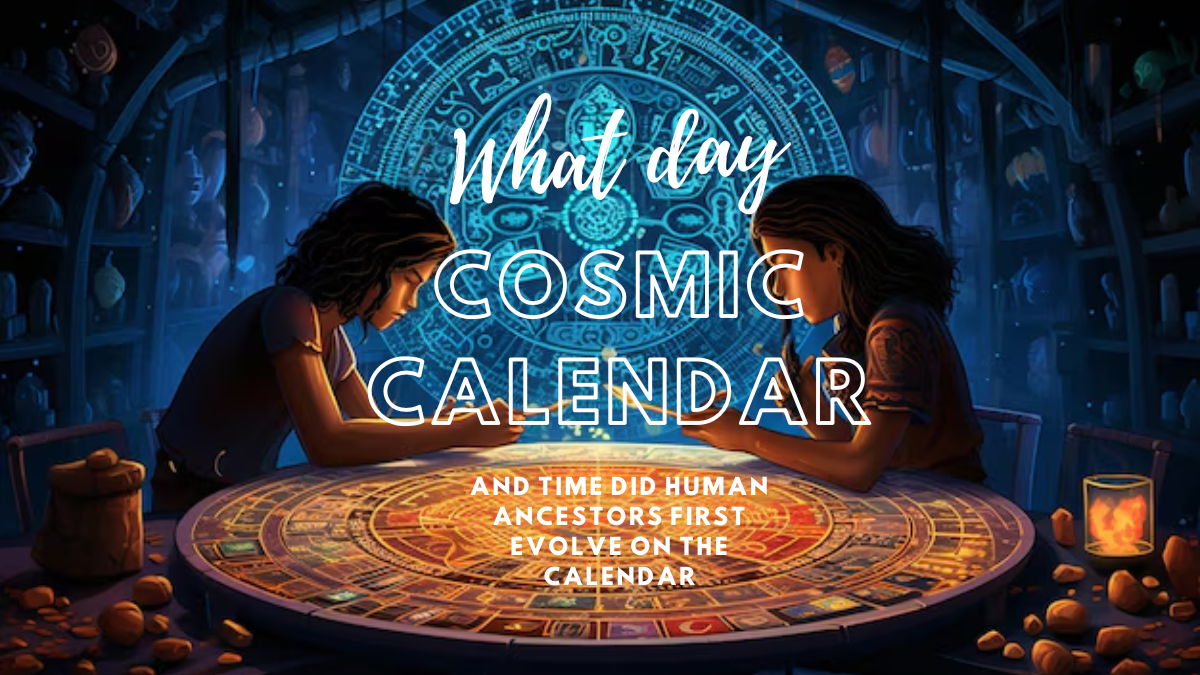 What day and time did human ancestors first evolve on the cosmic calendar?